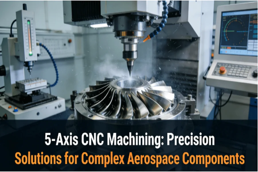 5-axis CNC machine machining a complex aerospace turbine blade with dynamic tool orientation and coolant system, demonstrating micron-level precision for high-stakes industries.