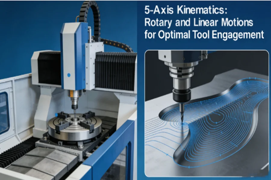 Technical diagram illustrating 5-axis CNC kinematics, showing rotary A/C axes and linear X/Y/Z motions for optimizing tool paths in complex part machining.