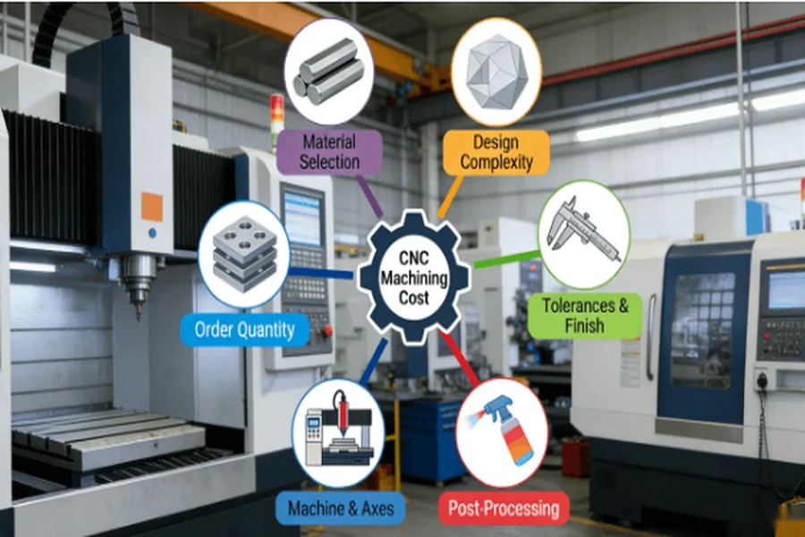 Infographic comparing CNC machining unit cost for low volume (10 pcs) versus high volume (10,000 pcs), showing how fixed costs are diluted.